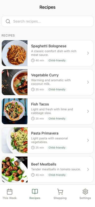 Food planning and meals list